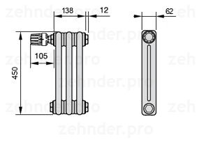 Схема (чертеж) Радиатор Zehnder Charleston 2045/3 №V011 Белый глянцевый RAL 9016